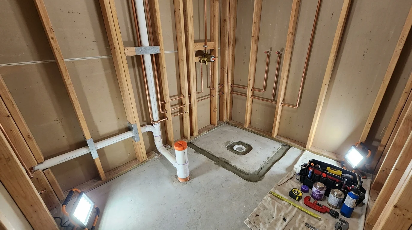 Bathroom rough-in plumbing during remodel by Johns Plumbing LLC in Sutter