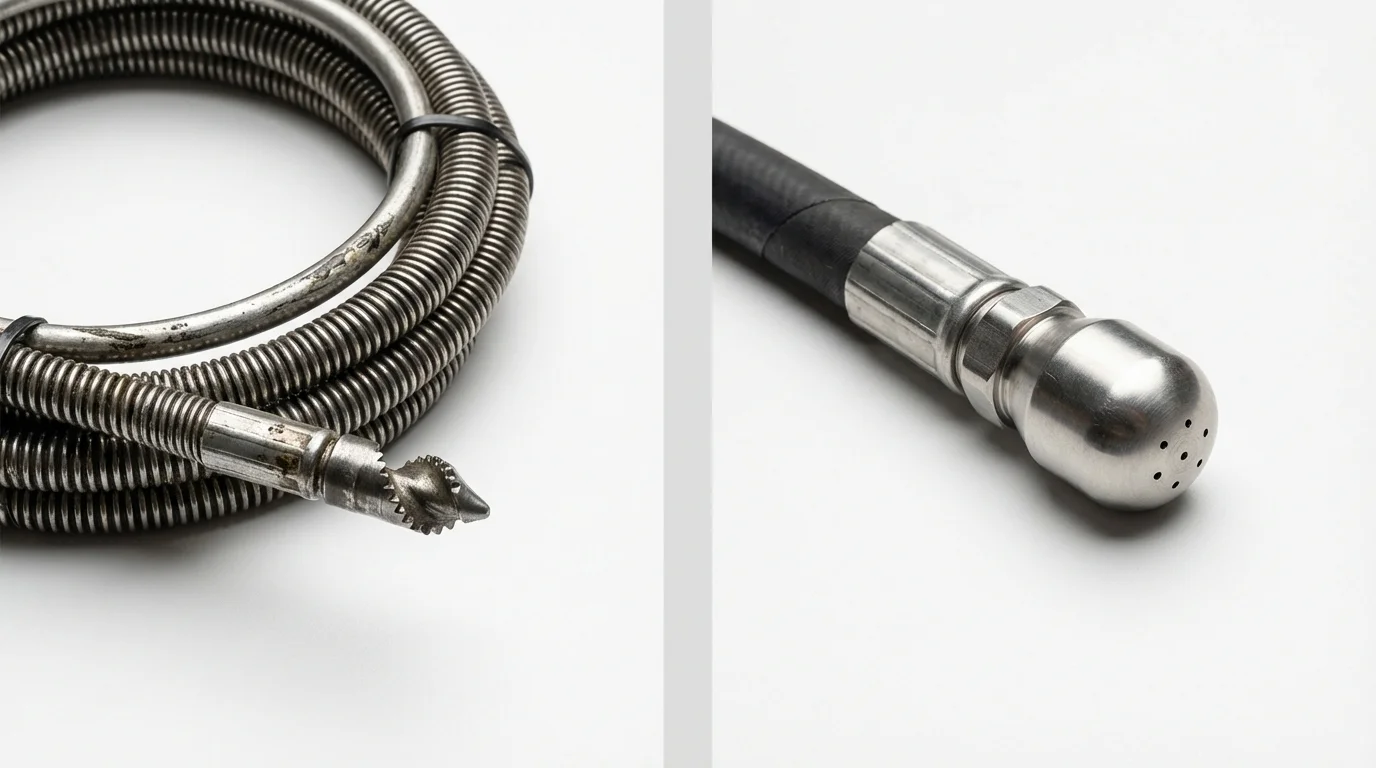 Drain snake cable and hydro jetting nozzle used for drain cleaning in Sutter, CA