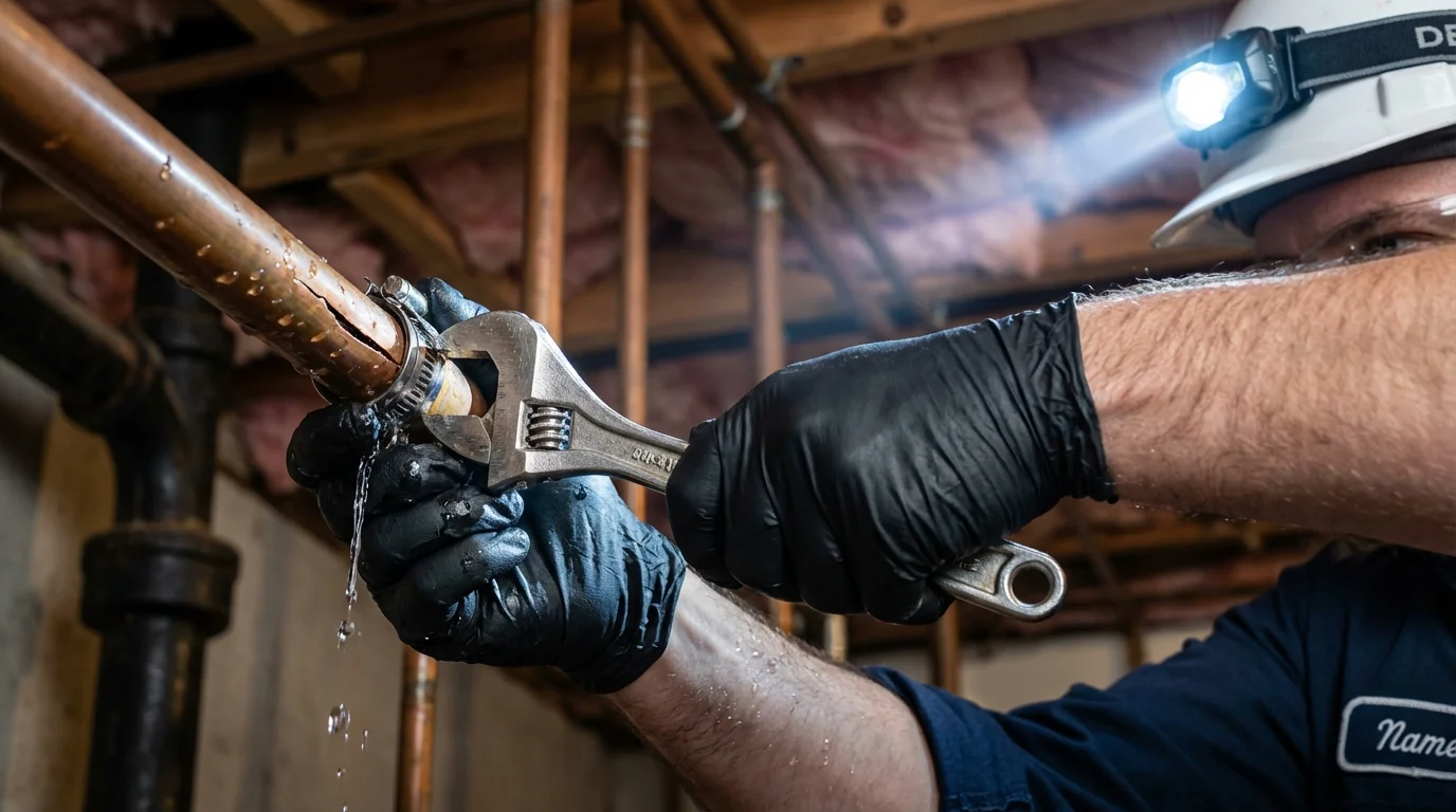 Emergency pipe clamp repair being performed by a Johns Plumbing LLC plumber in Sutter