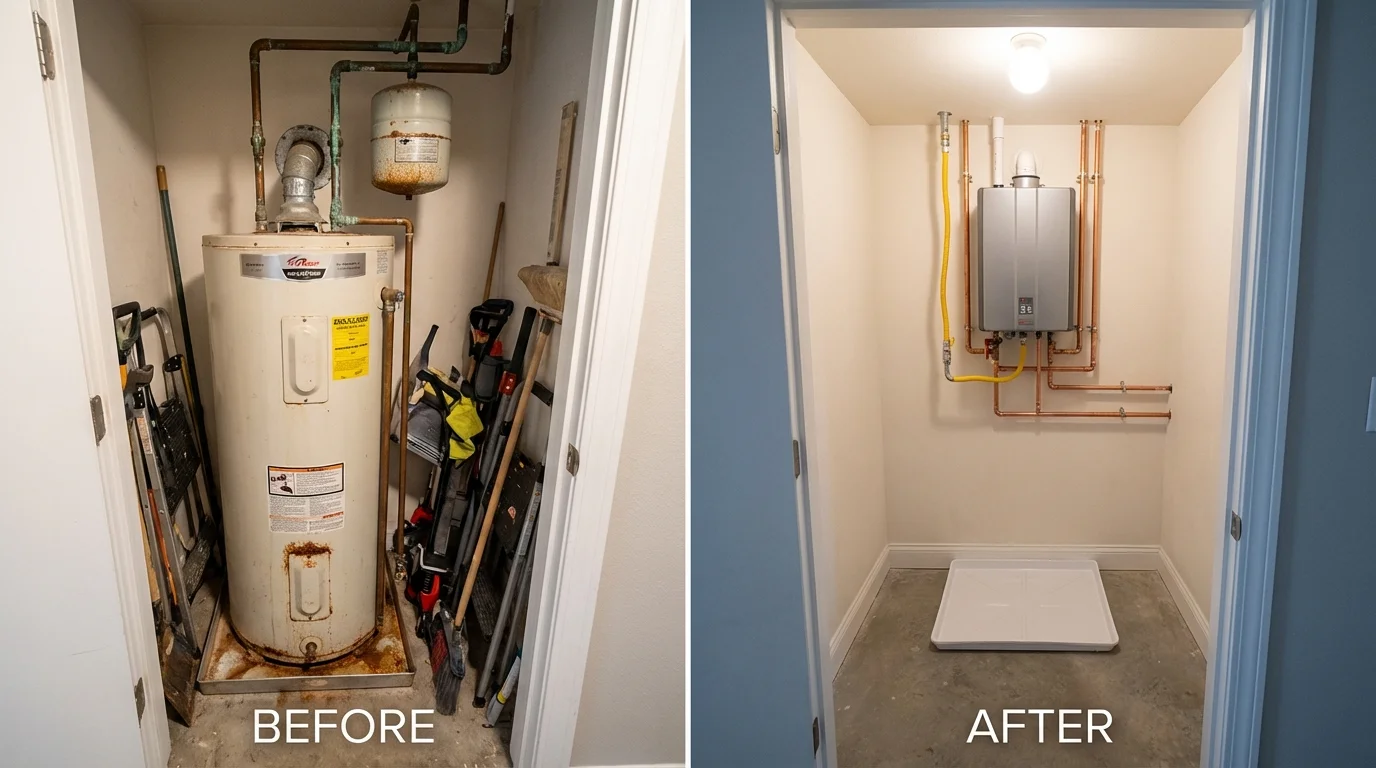 Tank water heater versus wall-mounted tankless unit comparison for Sutter, CA homeowners