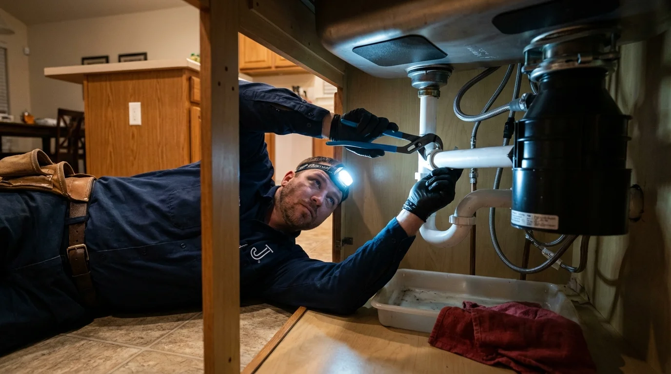 P-trap and supply line connections under a kitchen sink showing a common leak point in Sutter, CA